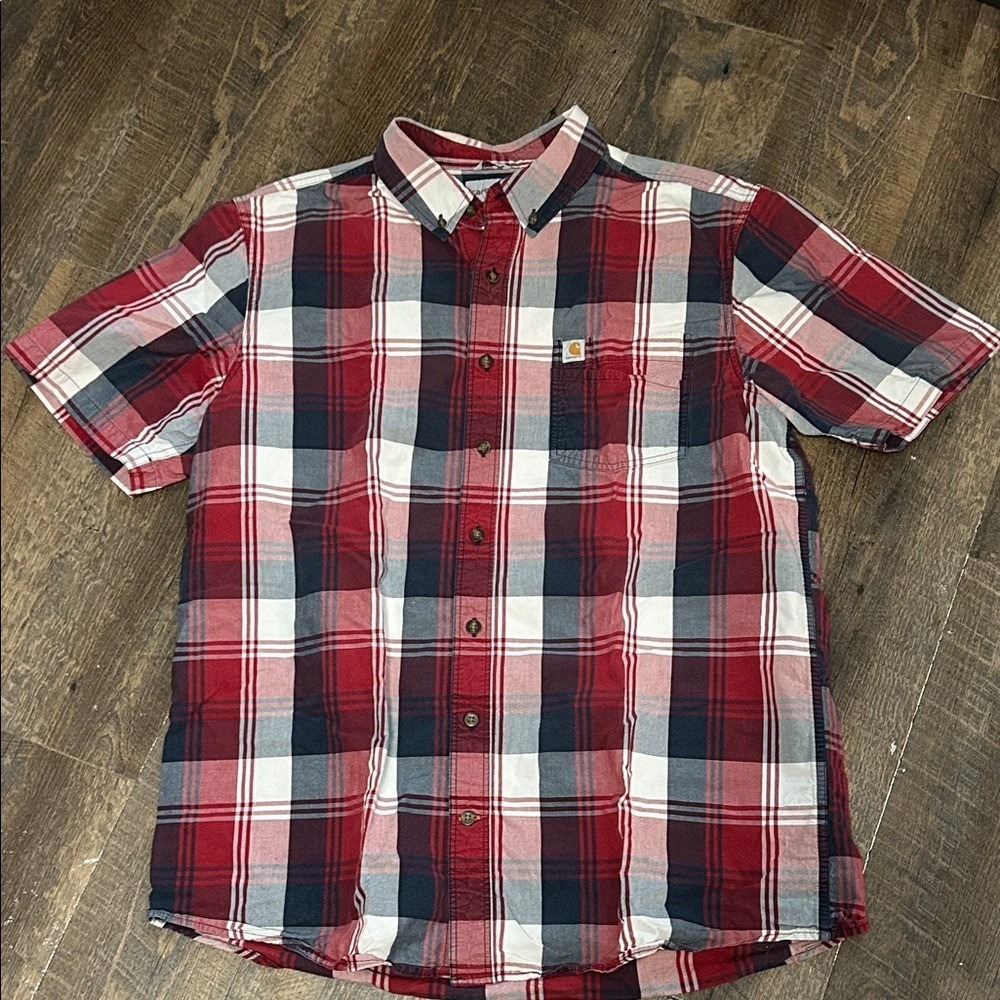 Carthartt Relaxed Fit  Red Plaid Short Sleeve‎ Button Up Mens Size XL Tall Work
